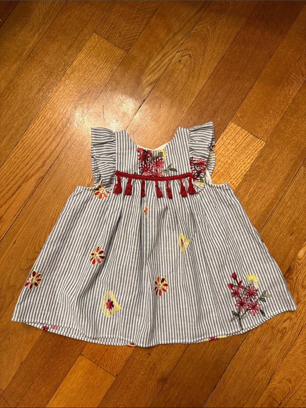 Pippa & Julie Blue and White Striped Embroidered Tassel Dress 24m floral tassels